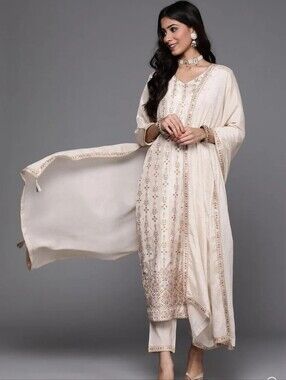 Libas Beige Silk Blend Kurta Set with Dupatta Indian Size XXL
